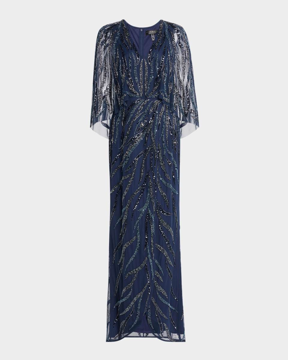 Cape-Sleeve Bead & Sequin Gown